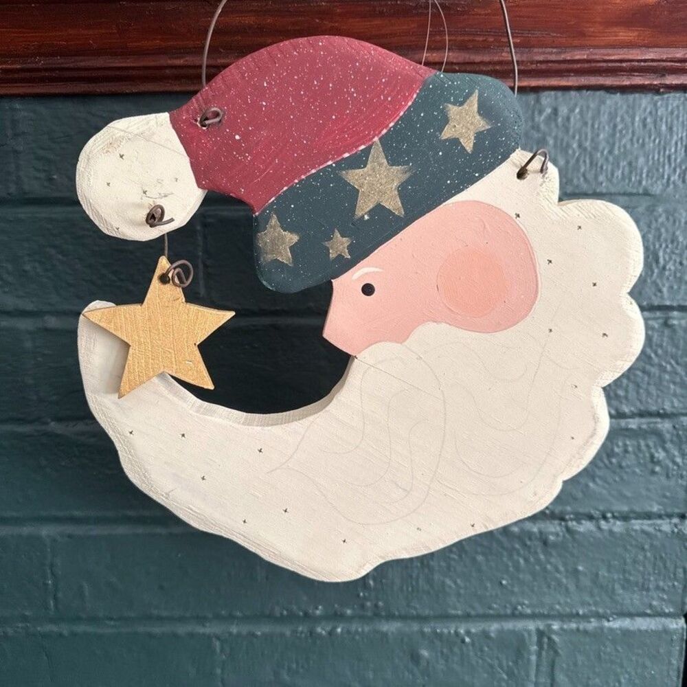 1990's Santa Crescent Moon & Star Celestial Christmas Folk Wall Art Primitive